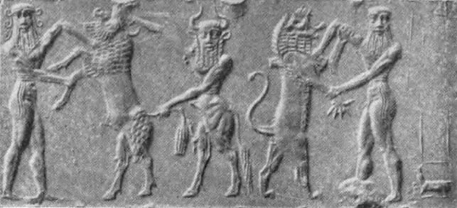 Gilgamesch (Nimrod) und sein Begleiter Ja-bani im Kampf mit einem Stier und einem Löwen
